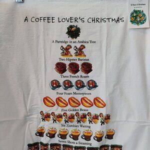 12 Days Of Christmas Coffee Themed Tea Towel By David Price - NEW w/Tag 18"x26"